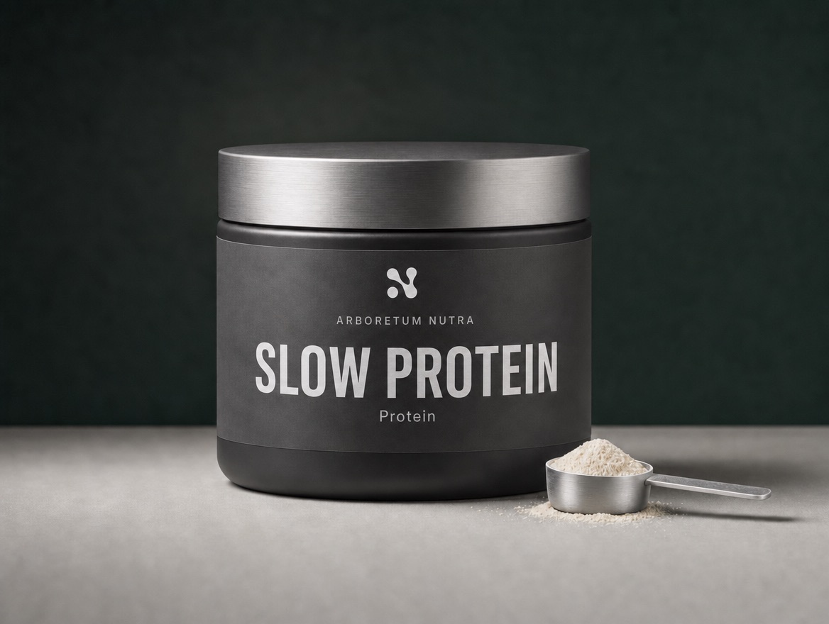 Dunkle Proteindose mit Markenetikett, daneben ein Messlöffel mit Pulver