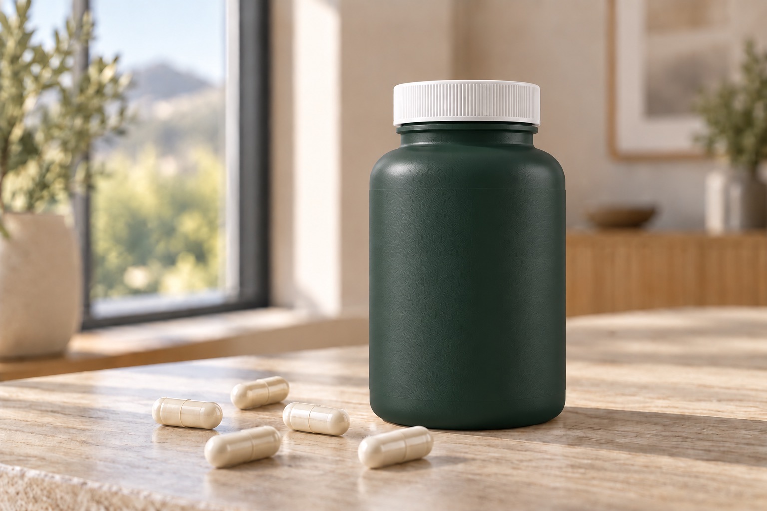 Unbeschriftete Kapseldose mit verstreuten Kapseln auf einem Holztisch